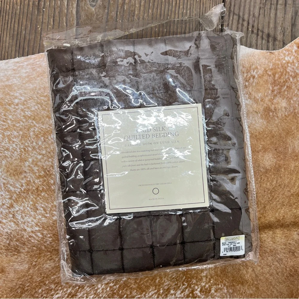 Restoration Hardware Brown Grid Silk Quilted Standard Sham NWT